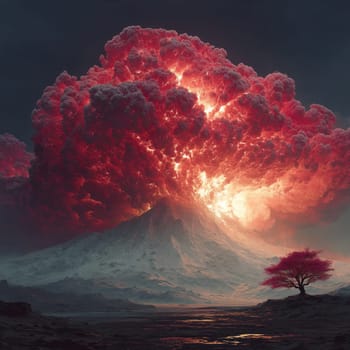 Dramatic volcanic eruption with glowing red ash cloud rising from a snowy mountain, while a single vibrant tree stands alone in the barren foreground.