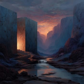 Surreal scene of a glowing doorway set within large stone structures in a colorful canyon, with flowing water and a dramatic sunset sky in the background.