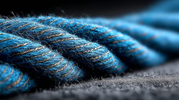 Extreme close-up of thick twisted blue rope with beige fibers, lying on dark textured fabric. Detailed view of rope texture, threads, and surface fibers.