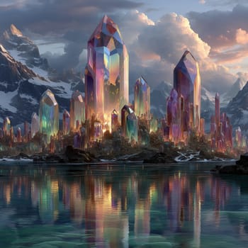Surreal landscape of a fantasy city made of giant iridescent crystals reflecting in a calm lake, surrounded by snow-capped mountains and dramatic skies.