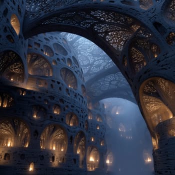 Vast interior of a surreal fantasy structure filled with ornate glowing arches, intricate ceilings, and warm light amidst atmospheric blue fog.