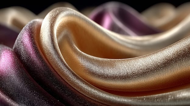 Macro shot of shimmering satin fabric in metallic gold, cream, and burgundy tones with rich texture and elegant flowing folds.