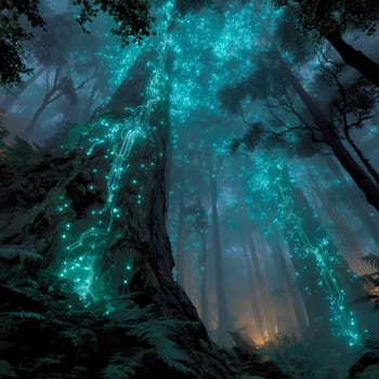 Towering trees glow with turquoise bioluminescent circuits in a foggy, enchanted forest, blending nature and futuristic technology in a surreal landscape.