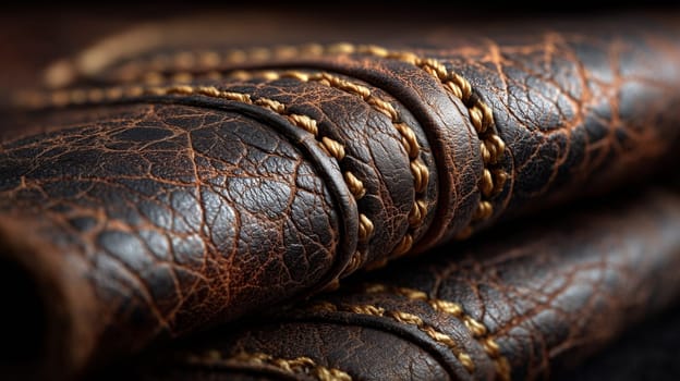 Macro shot of folded leather with detailed stitching, showcasing the intricate texture and craftsmanship of aged brown leather.