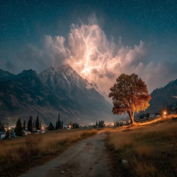 A glowing tree stands beside a dirt road leading to a village, as a lightning storm lights up the sky above a majestic mountain under a starry night.
