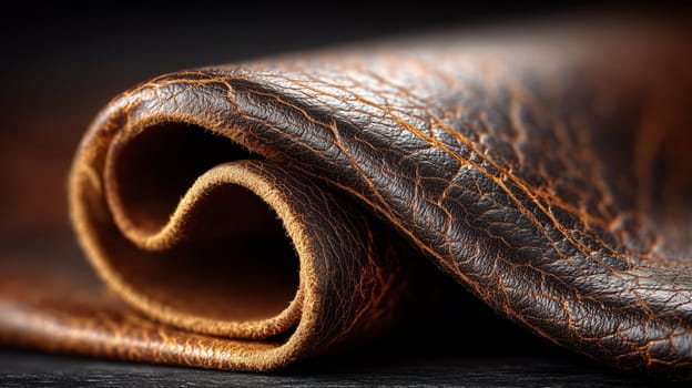 Detailed close-up of a piece of rolled, textured brown leather with visible wrinkles and stitching.