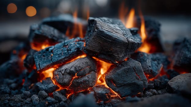 Close-up view of burning charcoal blocks with glowing red embers and rising orange flames, set in a fire pit outdoors on a dark, ashy surface.