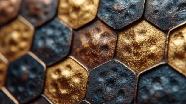Close-up of hexagon metal tiles with weathered textures in gold, bronze, and dark tones. Industrial abstract surface with metallic sheen.