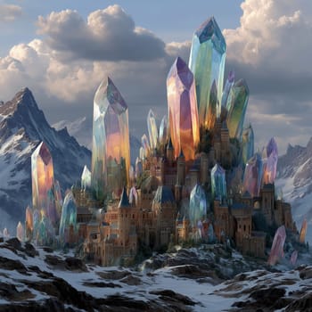 Dreamlike scene of a medieval-style city built among towering multicolored crystals in a snow-covered mountain landscape under dramatic clouds.