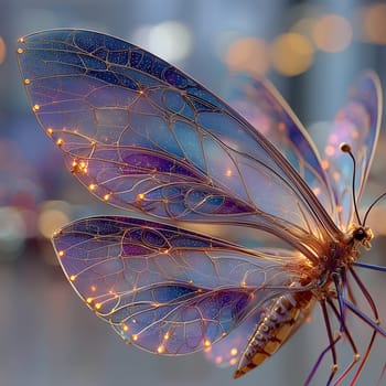 Close-up of a futuristic butterfly with glowing star-like purple wings and golden mechanical details, set against a dreamy, softly blurred background.