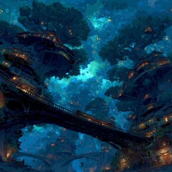 Enchanted treehouse village with wooden bridges, glowing windows, and giant trees under a magical night sky filled with stars.