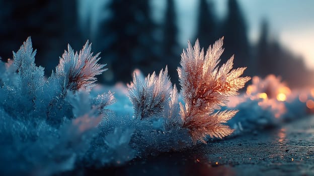 Close-up of delicate frost-covered leaves glowing in warm sunrise light, set against a cold snowy landscape with trees in soft focus.