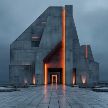 Symmetrical brutalist structure with glowing orange lines and a dramatic entrance, set against a cloudy sky and wet reflective pavement. No people visible.