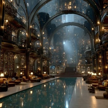 Elegant grand library with towering bookcases, arching ceilings, glowing lights, and a reflective indoor pool surrounded by cozy reading areas. No people.
