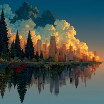 Vibrant city skyline at sunset blending into a dense pine forest, reflected perfectly in a still lake, combining nature and architecture in harmony.