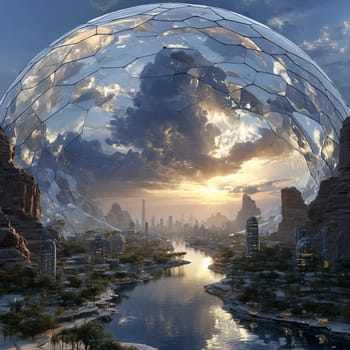 A futuristic city with modern towers and lush greenery, enclosed beneath a glass-like geodesic dome, with a river running through it at golden hour.