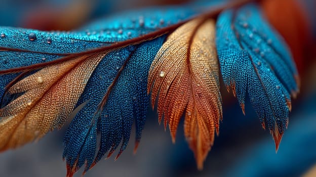 Close-up of a vibrant feather with blue and orange hues, featuring delicate water droplets on its surface, showcasing intricate textures and natural beauty.