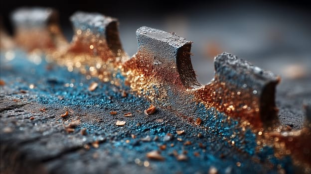 Macro shot of a rusty saw blade with detailed teeth, showing a combination of corrosion, metal wear, and sawdust on a blurred background.
