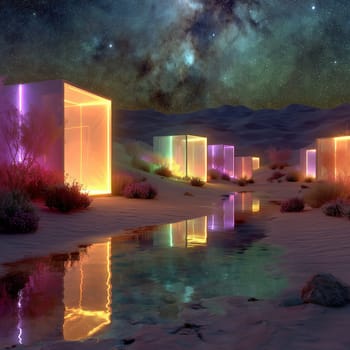 Neon-lit translucent cubes glow in a sandy desert, reflected in a stream beneath a vibrant starry sky, blending surreal architecture and natural beauty.