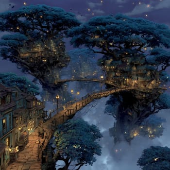 Enchanted treehouse village built into massive trees above the clouds, connected by rope bridges and glowing lanterns under a starry night sky.
