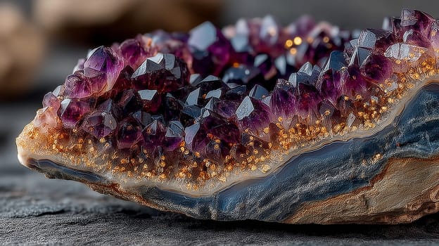 Macro shot of a natural amethyst geode showing deep purple crystals and sparkling golden inclusions on a textured rock base. No people, studio lighting.