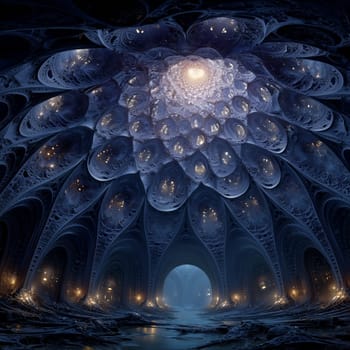 Intricate sci-fi dome interior with glowing fractal textures, arched walls, and ethereal lighting in a surreal, otherworldly environment.