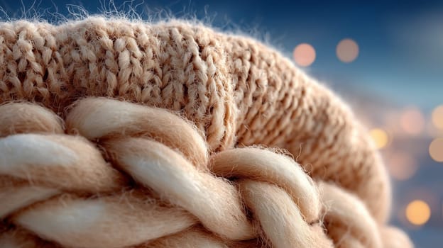 Close-up of beige wool yarn featuring both knitted and braided textures, with soft fibers and warm lighting against a blurred background with bokeh.