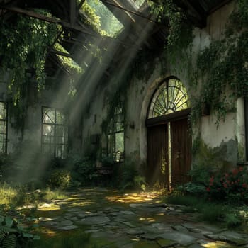 Atmospheric interior of an abandoned greenhouse with broken roof, overgrown vegetation, stone floor, and rays of sunlight streaming through the windows.