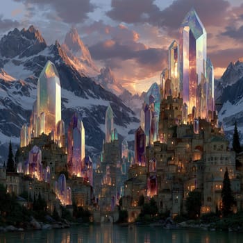 Enchanted mountain city with glowing towers of giant rainbow crystals rising from medieval-style buildings, bathed in warm sunset light.