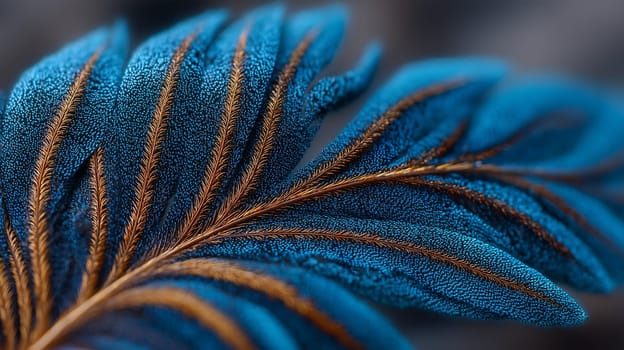 A detailed macro shot of a blue peacock feather, showing intricate textures and vibrant hues of blue and brown, with a soft blurred background.