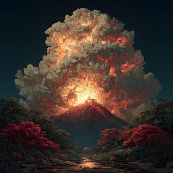 Stylized night scene of a volcano erupting with a massive glowing ash plume, surrounded by lush tropical forest with vivid red and green foliage.