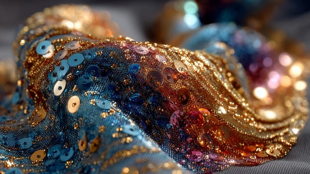 Close-up of vibrant sequin fabric with shimmering gold threads, blue, red, and pink sequins. Luxurious textile texture with sparkling bokeh background.