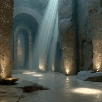 Mysterious ancient temple hall illuminated by soft light beams, with walls covered in glowing inscriptions and stone features, creating a sacred atmosphere.