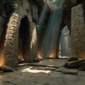 Mysterious stone temple interior with engraved pillars, glowing candles, and beams of sunlight shining through, evoking ancient, sacred atmosphere.