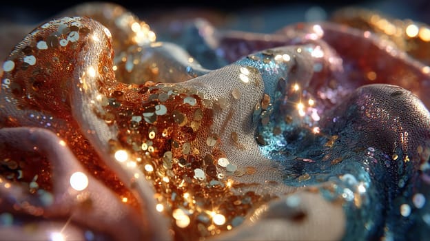 Close-up of multicolored sequin-covered fabric with gold, blue, and pink hues. Sparkling texture with dramatic lighting and soft flowing folds.