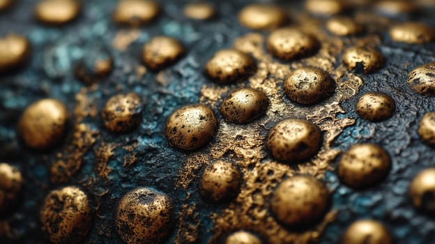 Macro shot of a textured metallic surface featuring raised golden bubbles with an aged, patinated appearance in warm light.