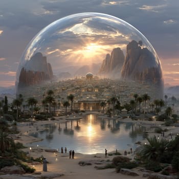 Enclosed futuristic city with golden domes and temples beneath a transparent dome, nestled in a desert oasis with palm trees and tranquil water at sunset.