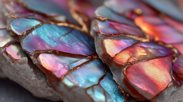 Close-up of a cracked mineral stone featuring iridescent rainbow hues with gold veining. Abstract natural gemstone texture with vivid color reflections.