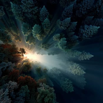 Abstract forest scene with a glowing sunburst piercing through layers of stylized trees, forming a radial composition with dramatic light and shadow play.