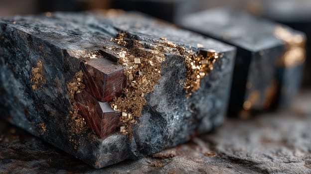 Close-up of a rough dark mineral cube featuring sharp red crystals and metallic gold inclusions, showcasing natural geometric patterns and textures.