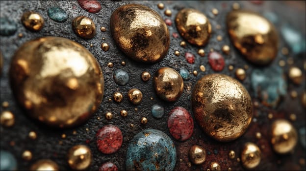 Close-up of raised metallic spheres in gold, red, and turquoise on a dark textured background. Artistic abstract surface with a luxurious, handcrafted look.