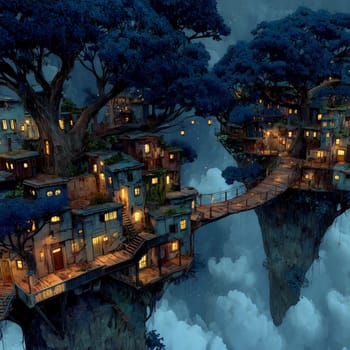 Fantasy illustration of a floating treehouse village with hanging lights and wooden bridges, nestled in treetops above clouds under a starry night sky.