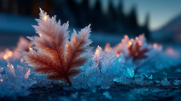 Close-up of a red leaf covered in frost, lying on a frozen surface in a winter landscape with soft golden sunrise light and bokeh in the background.