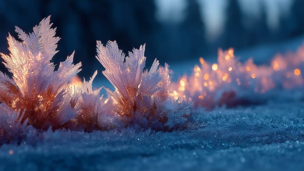 Close-up of frosty plants covered in delicate ice crystals, illuminated by warm sunset or fairy lights against a snowy forest backdrop. Tranquil winter scene.