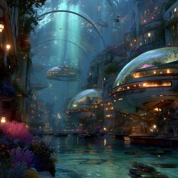 Sci-fi underwater metropolis featuring glass domes, lush vegetation, floating ships, and glowing sea life in a serene, imaginative marine environment. No people.