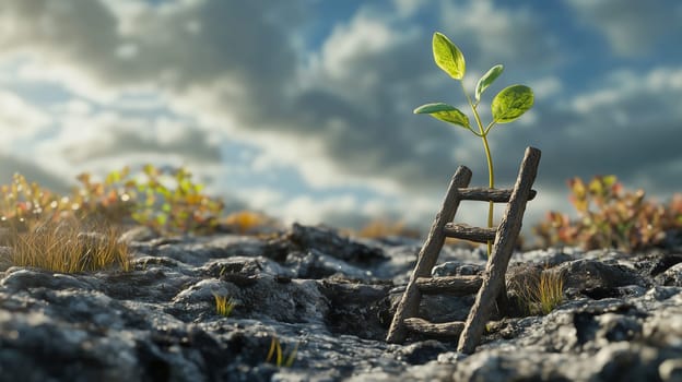 A small green plant emerges beside a miniature wooden ladder on a rocky surface under dramatic cloudy skies, symbolizing growth, resilience, and hope.
