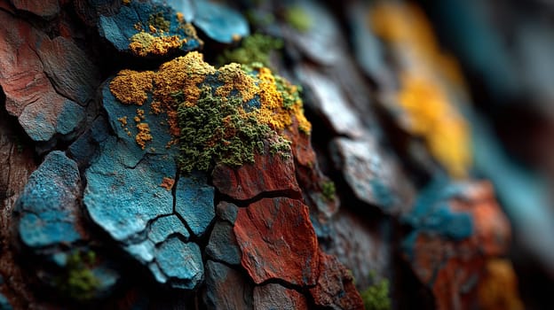 Macro shot of vivid orange lichen and green moss spreading across rugged, multicolored tree bark with rich red and blue tones in a natural forest environment.