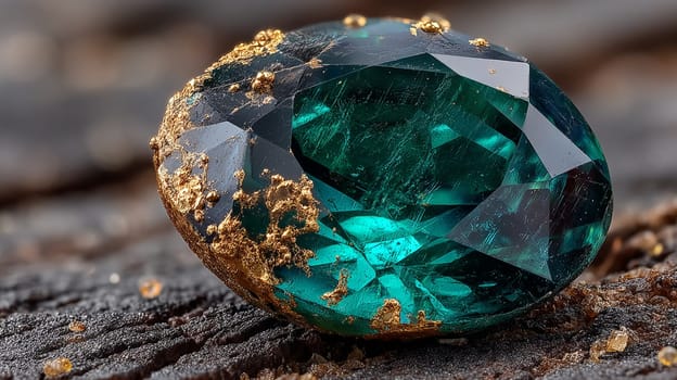 Close-up of a deep green faceted emerald featuring natural gold deposits on its surface, resting on a textured dark background.