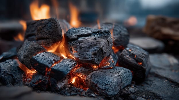 Glowing black charcoal logs burning in an outdoor fire pit, with flames and embers in a detailed close-up view. Warm atmosphere, rustic background.