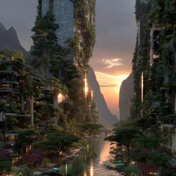 A futuristic eco-cityscape with lush vertical gardens, green skyscrapers, and a tranquil canal, glowing at sunset between towering cliffs.